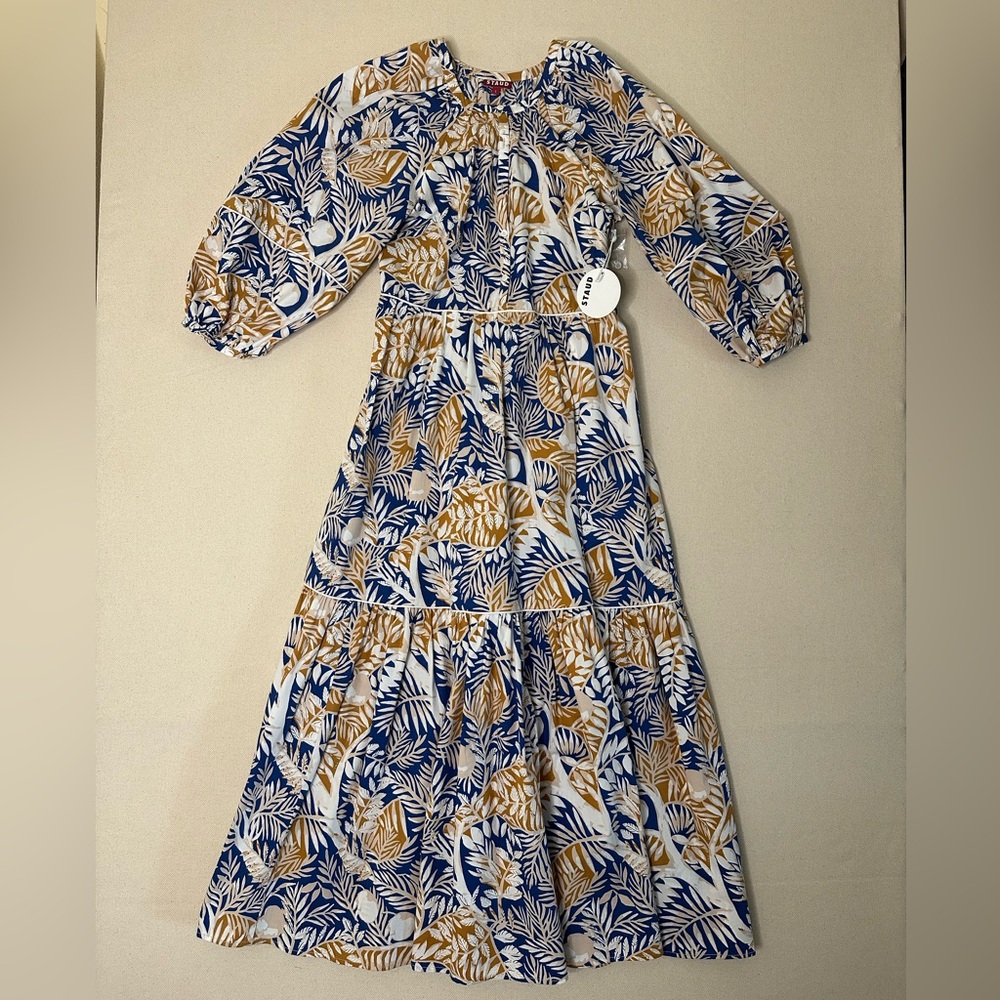 NWT STAUD Blue/Gold Land and Sea Tree Demi Dress Size Small